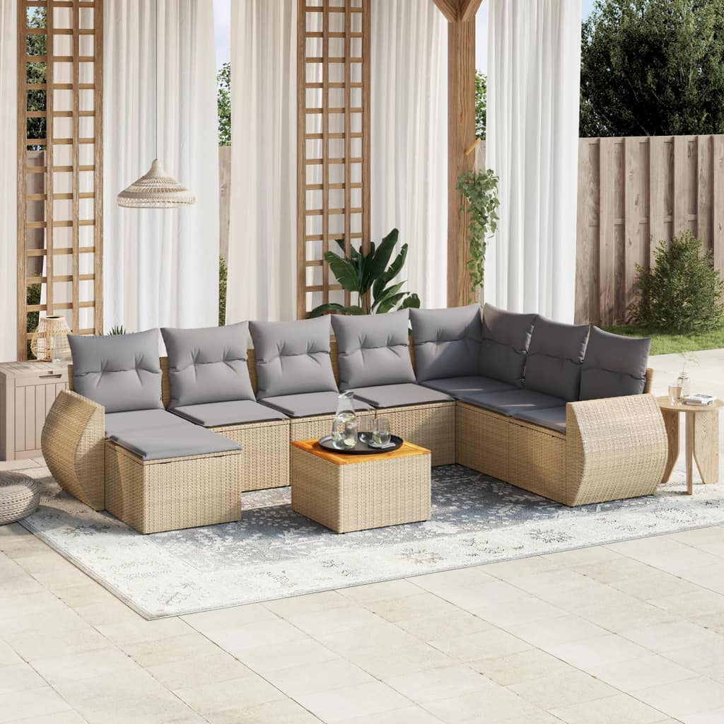 Vetonek Set de sofás de jardín 9 pzas con cojines ratán sintético beige