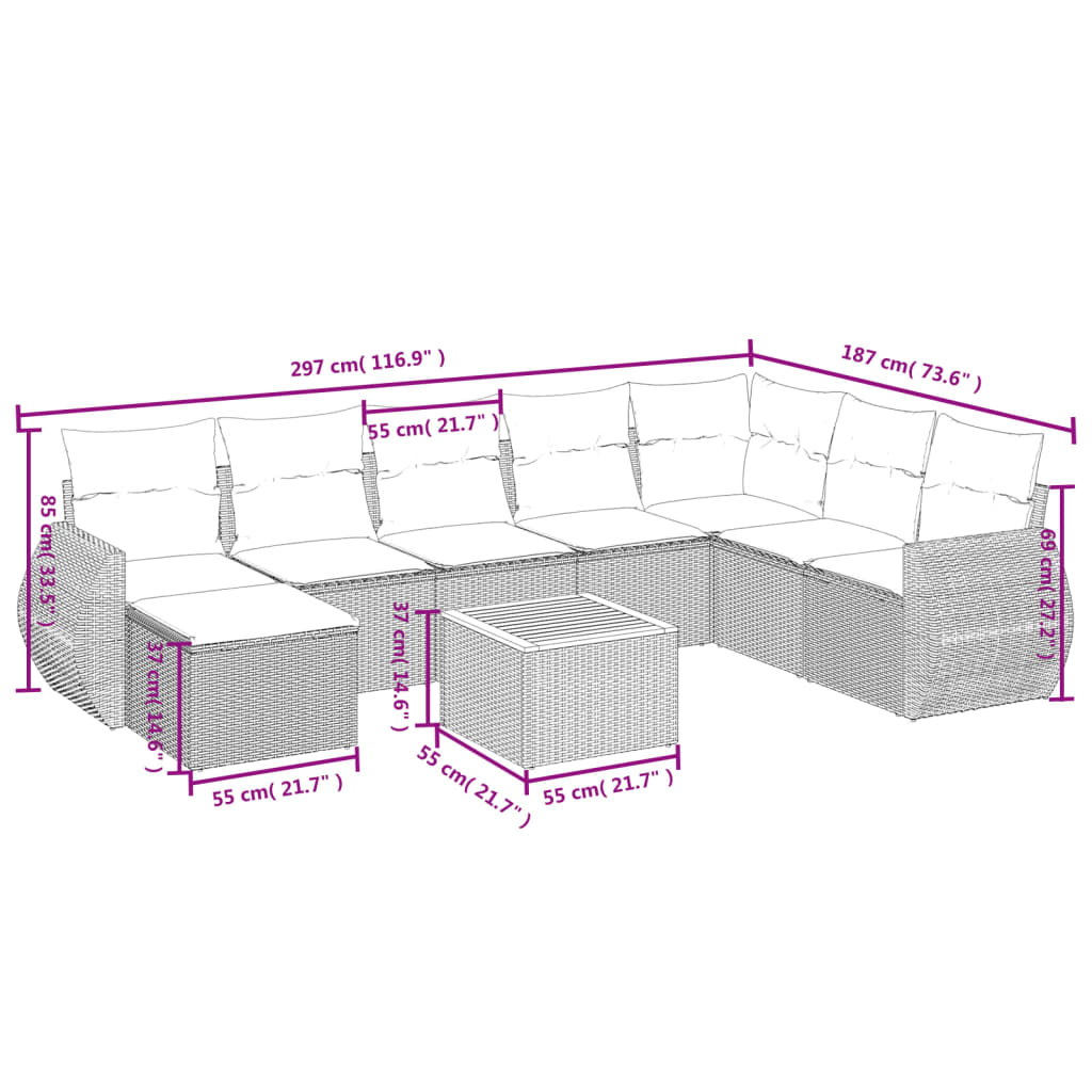 Divani da giardino impostati 9 pezzi con cuscini sintetici beige