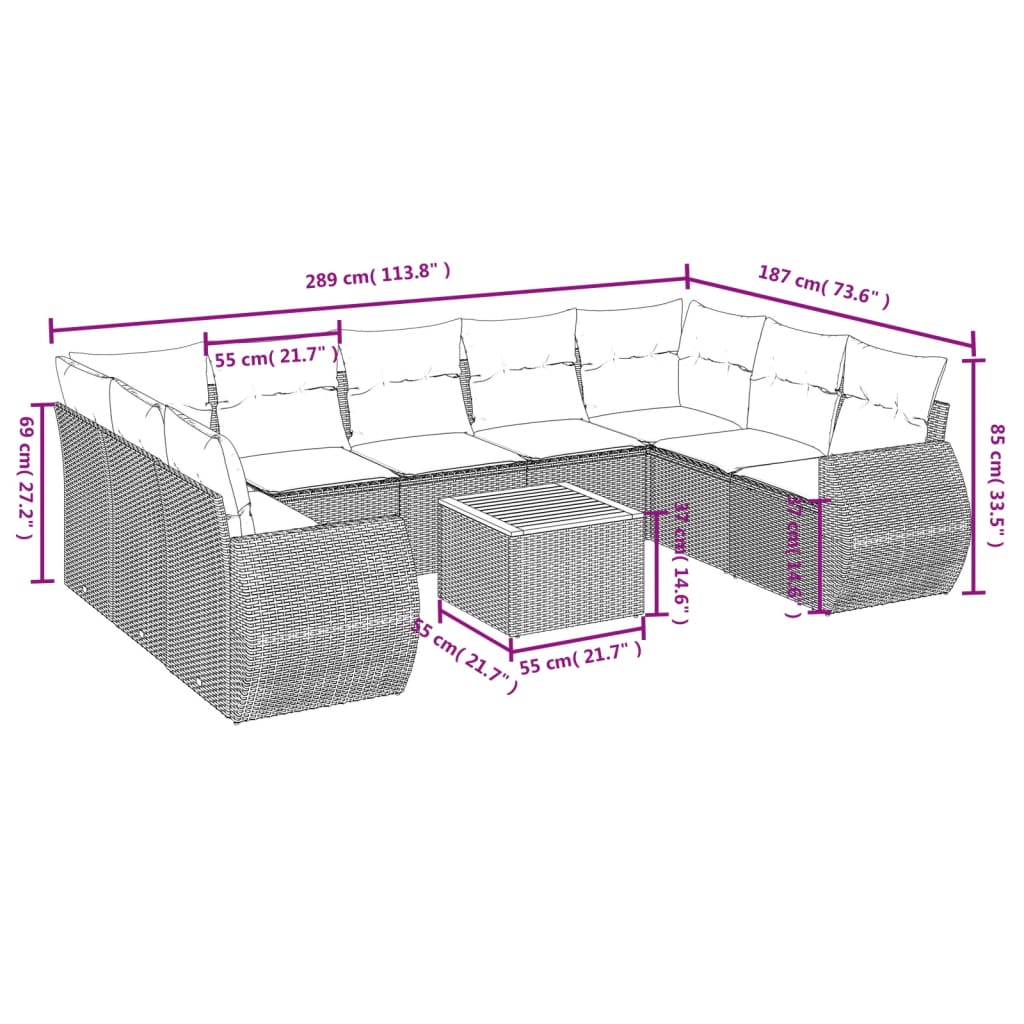 Set de sofás de jardín 10 pzas con cojines ratán sintético gris - Vetonek