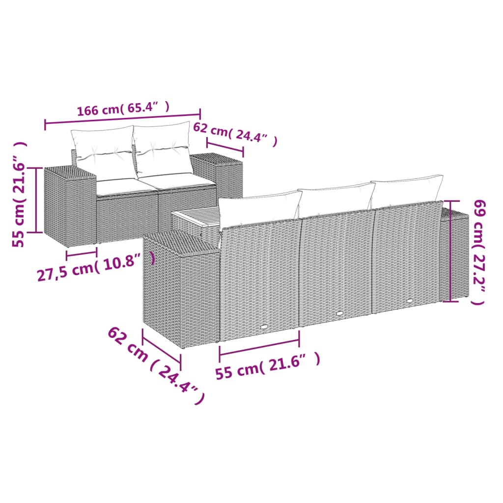 Set de muebles de jardín 6 pzas y cojines ratán sintético gris - Vetonek