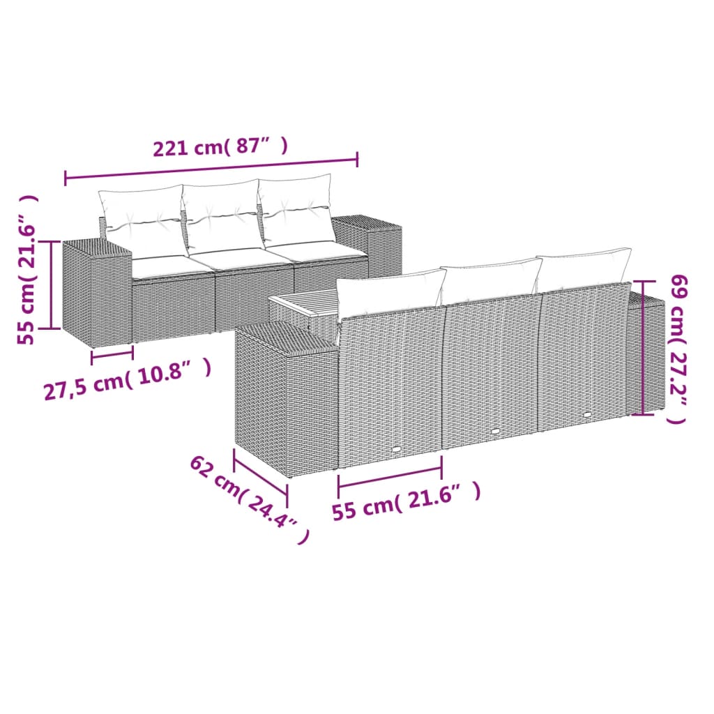 Sofás de jardim Conjunto de 7 peças com almofadas de vime cinza