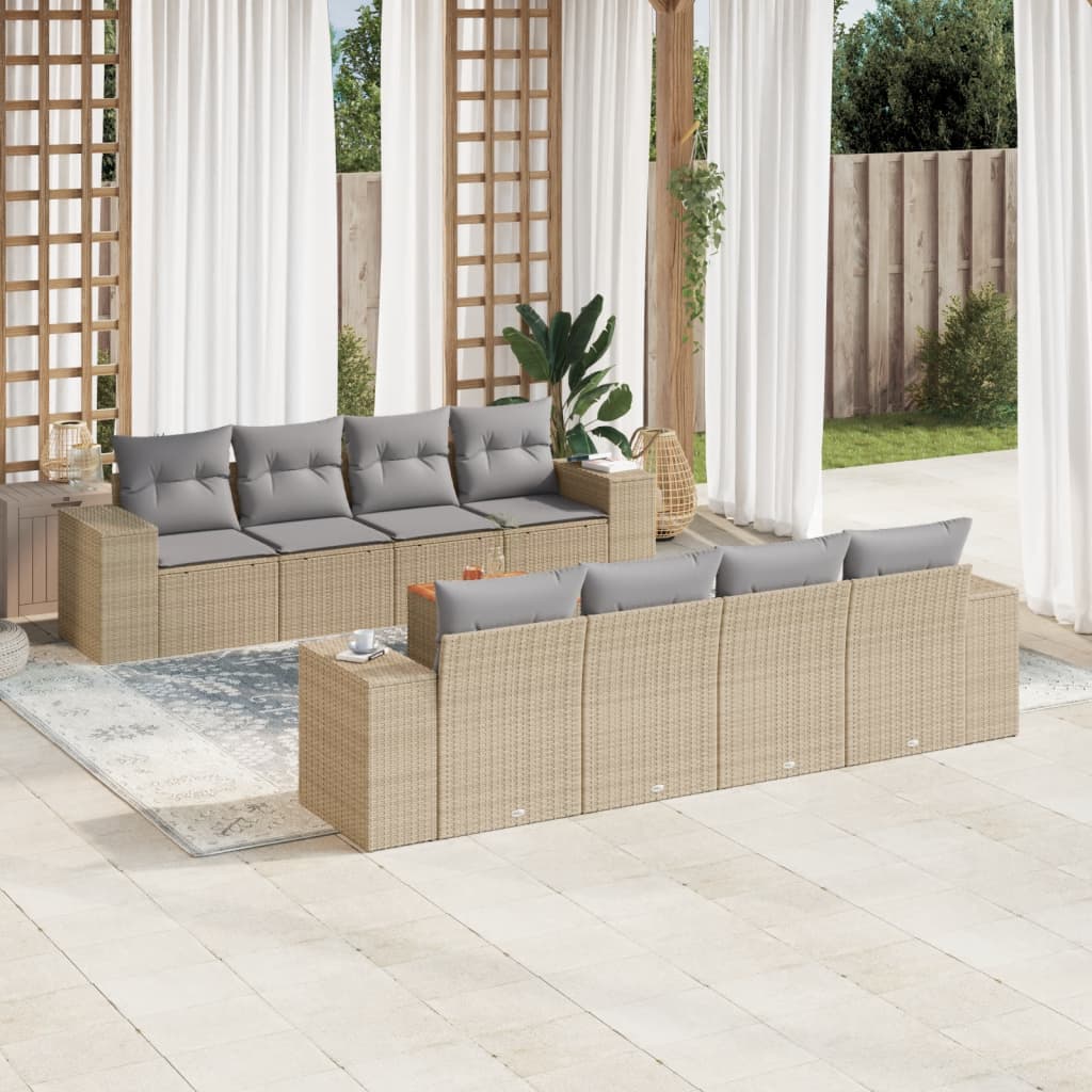 Vetonek Set de sofás de jardín 9 pzas con cojines ratán sintético beige