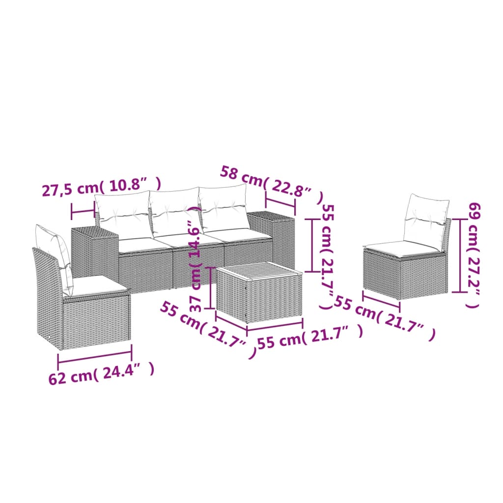 Garden Sofas Set 6 pieces and black synthetic rattan cushions