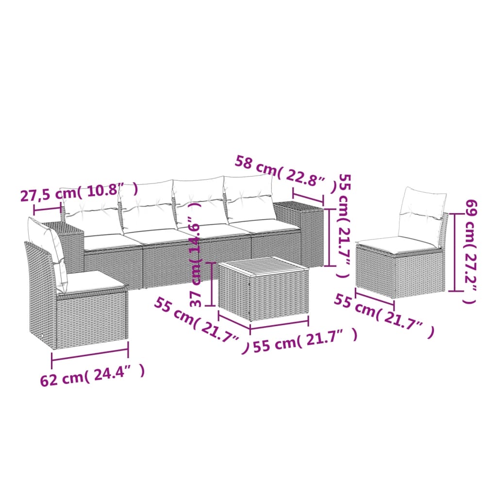 Set de comedor de jardín 7 pzas y cojines ratán sintético negro