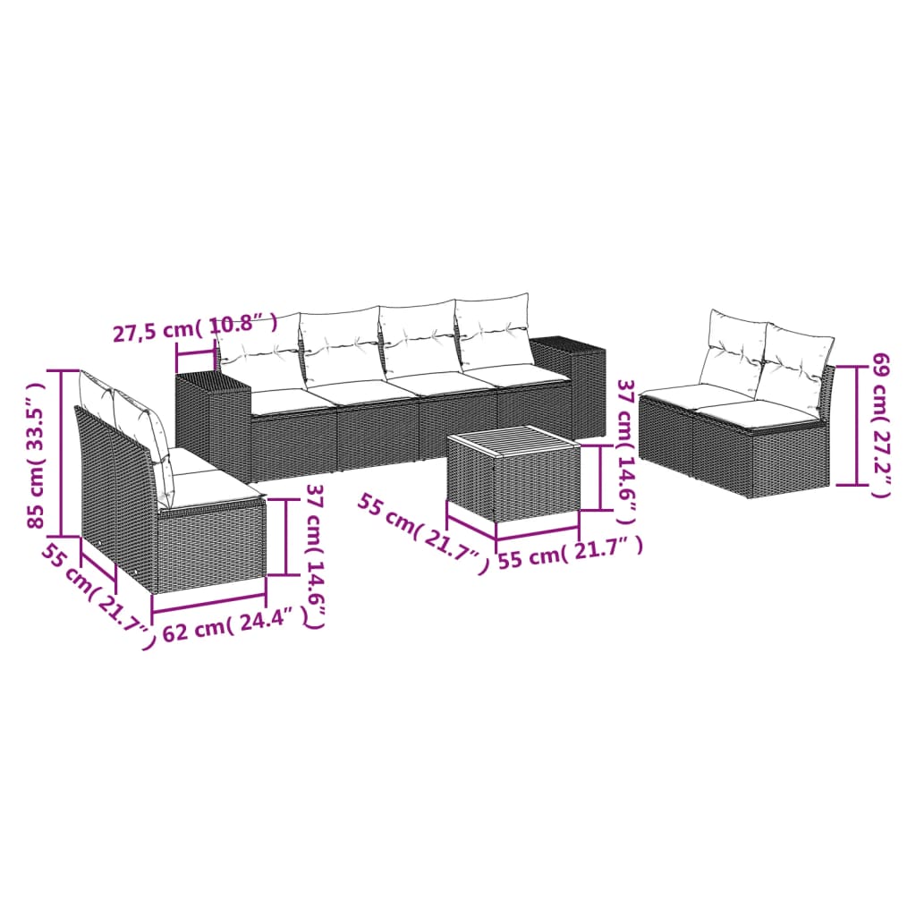 Sofás de jardim Conjunto de 8 peças e almofadas de vime sintético preto