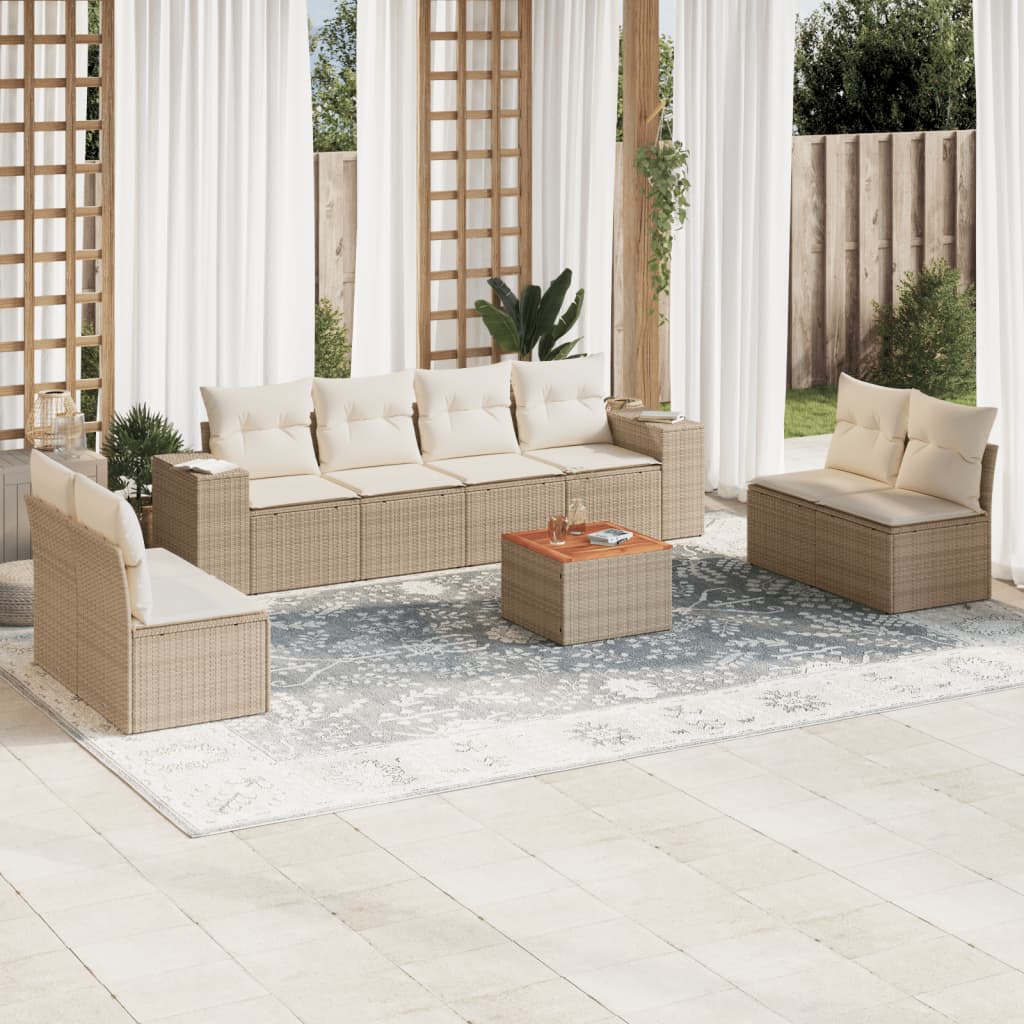 Vetonek Set de sofás de jardín 9 pzas con cojines ratán sintético beige