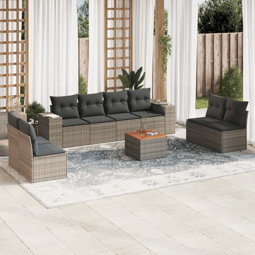 Vetonek Set de muebles de jardín 9 pzas y cojines ratán sintético gris