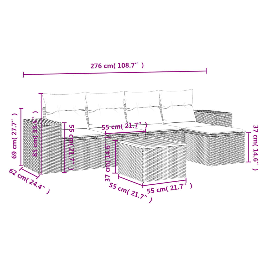 Garden Sofas Set 6 pieces and black synthetic rattan cushions