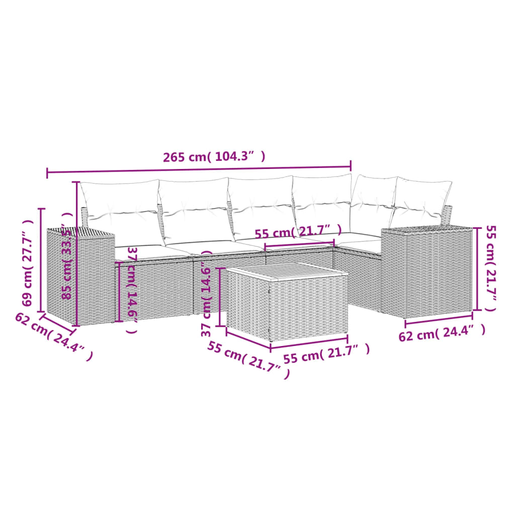 Garden Sofas Set 6 pieces and black synthetic rattan cushions