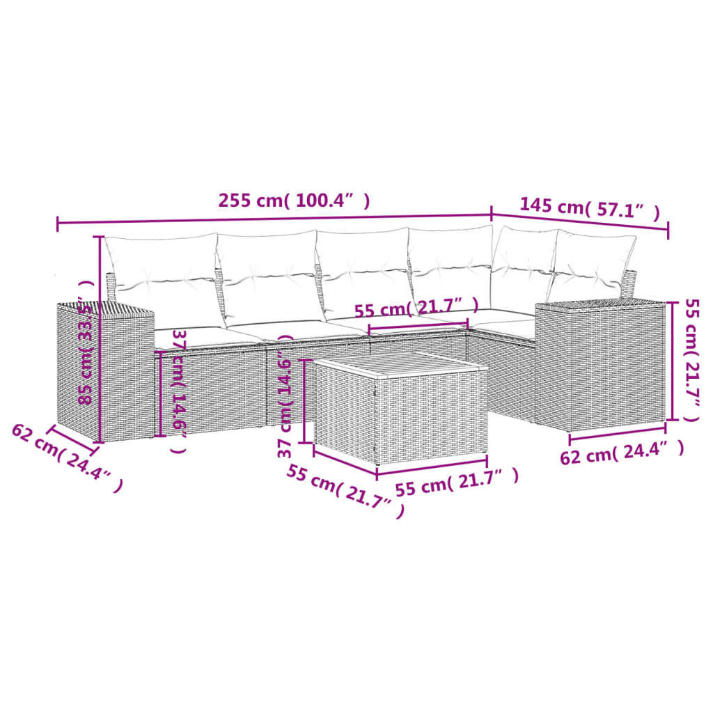 Garden furniture set 6 pcs and gray synthetic rattan cushions