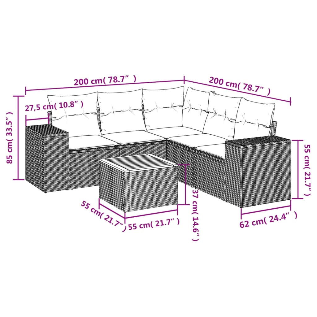 Garden furniture set 6 pcs and gray synthetic rattan cushions