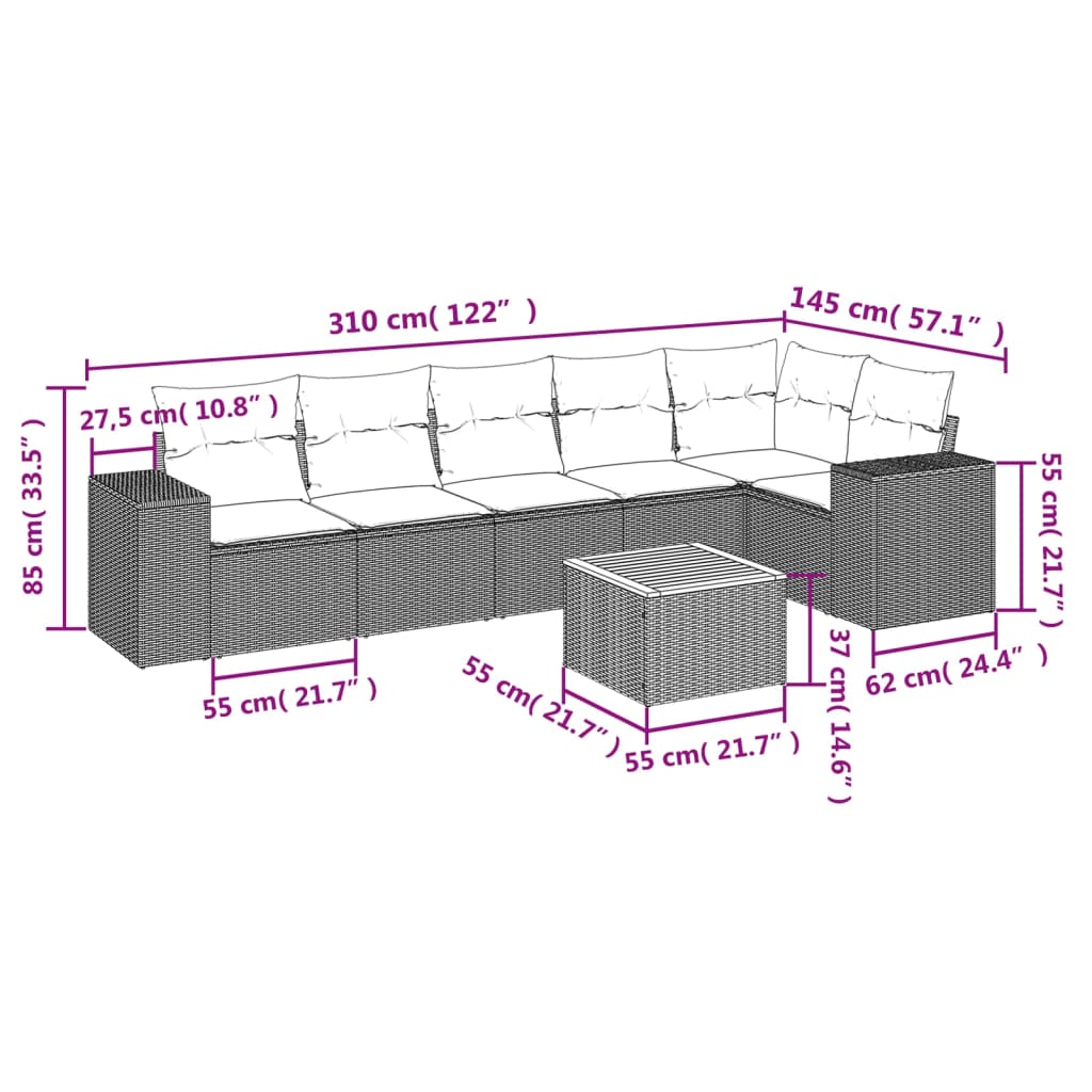 Sofás de jardim Conjunto de 7 peças com almofadas de vime cinza