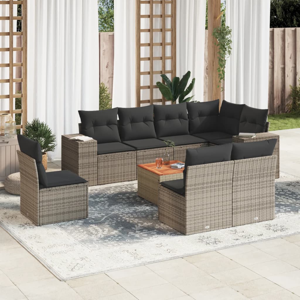 Vetonek Set de muebles de jardín 9 pzas y cojines ratán sintético gris