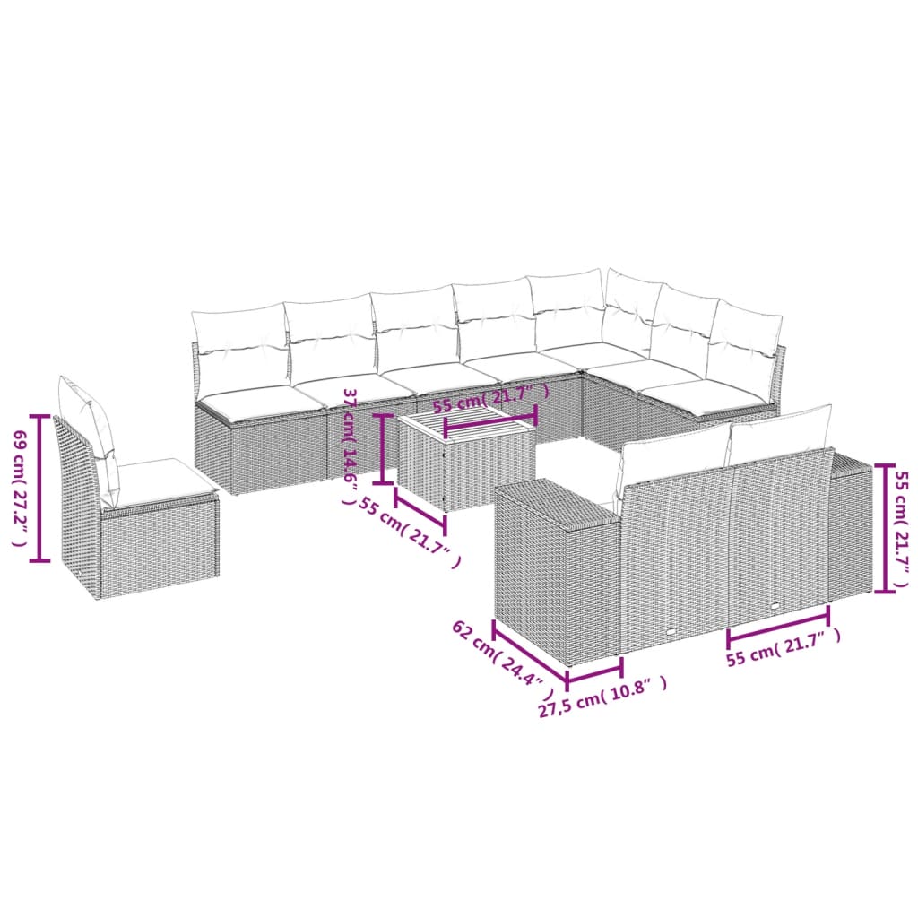 Garden sofas set 11 pcs and gray synthetic rattan cushions