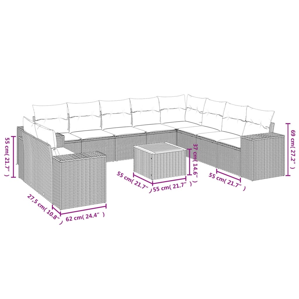 Set de sofás de jardín 11pzas con cojines ratán sintético beige