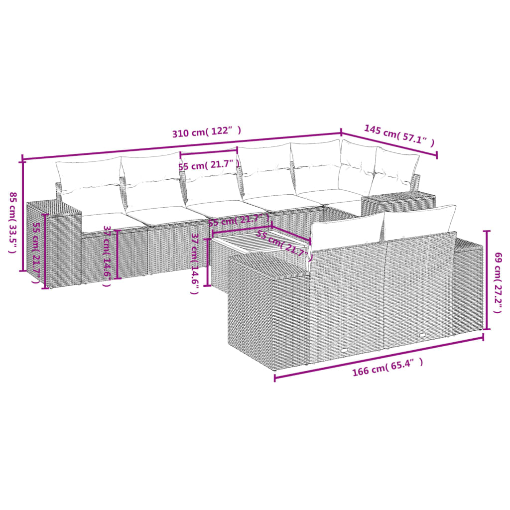 Gartensofas Set 8 Stücke und schwarze synthetische Rattankissen