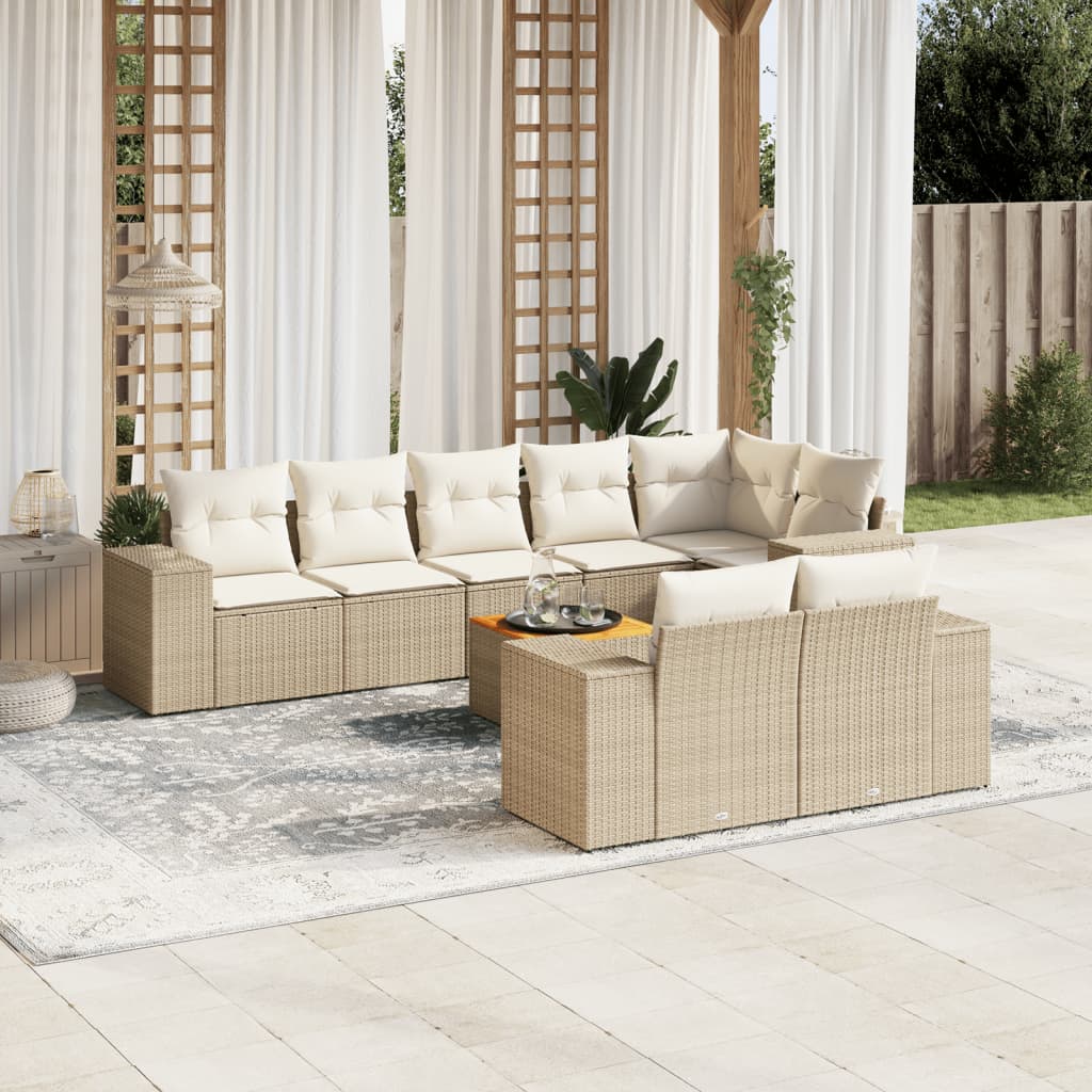 Vetonek Set de sofás de jardín 9 pzas con cojines ratán sintético beige