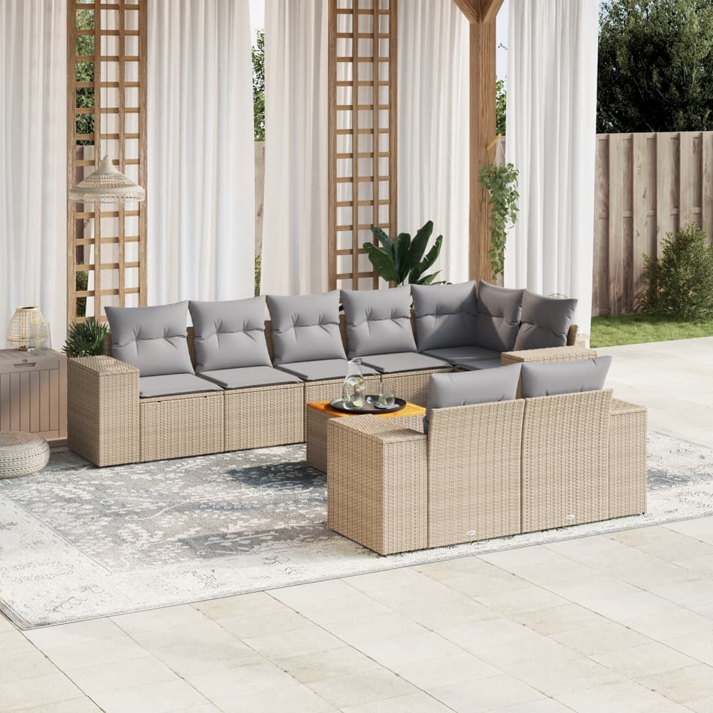 Vetonek Set de sofás de jardín 9 pzas con cojines ratán sintético beige