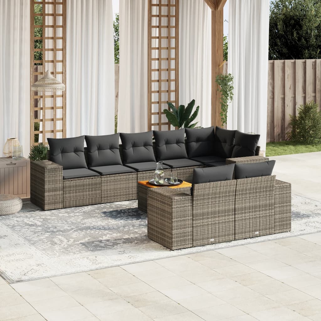 Vetonek Set de muebles de jardín 9 pzas y cojines ratán sintético gris