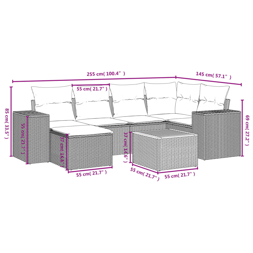 Set de sofás de jardín 7 piezas con cojines ratán PE gris