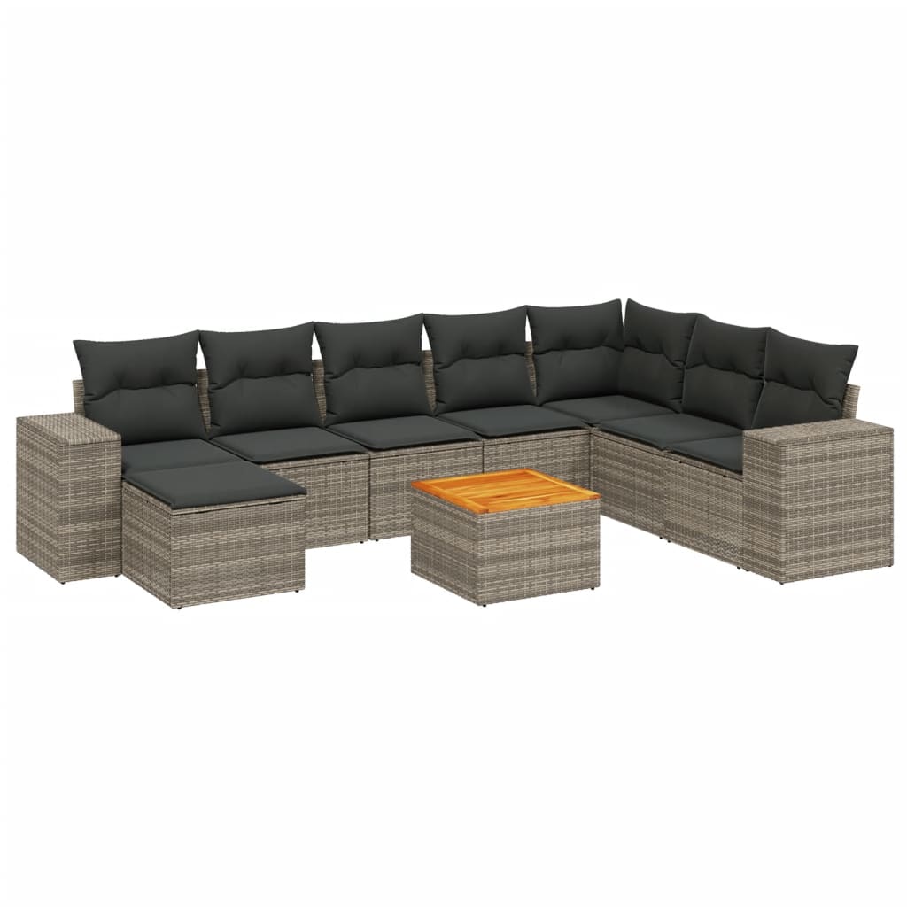 Set de muebles de jardín 9 pzas y cojines ratán sintético gris - Vetonek