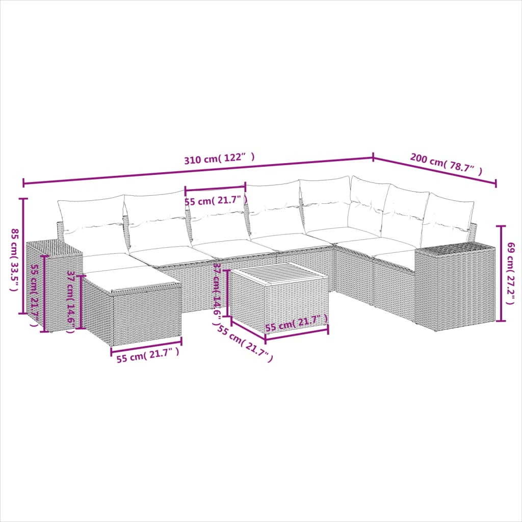 Set de muebles de jardín 9 pzas y cojines ratán sintético gris - Vetonek