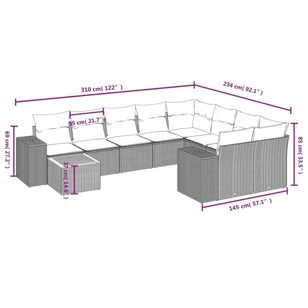 Set de sofás de jardín 10 pzas con cojines ratán sintético gris - Vetonek