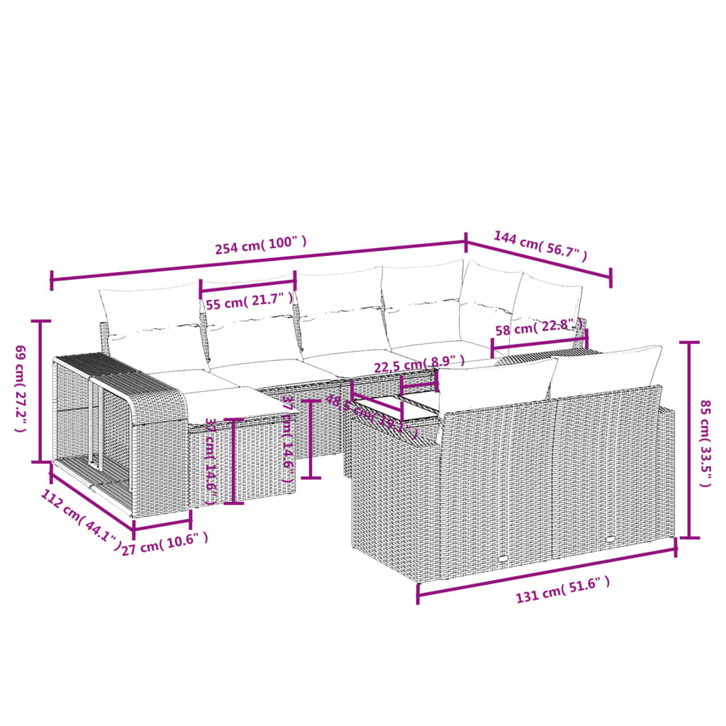 Sofás de jardim Conjunto de 11 PCs e Almofadas Cinzentas de Rattan Sintética