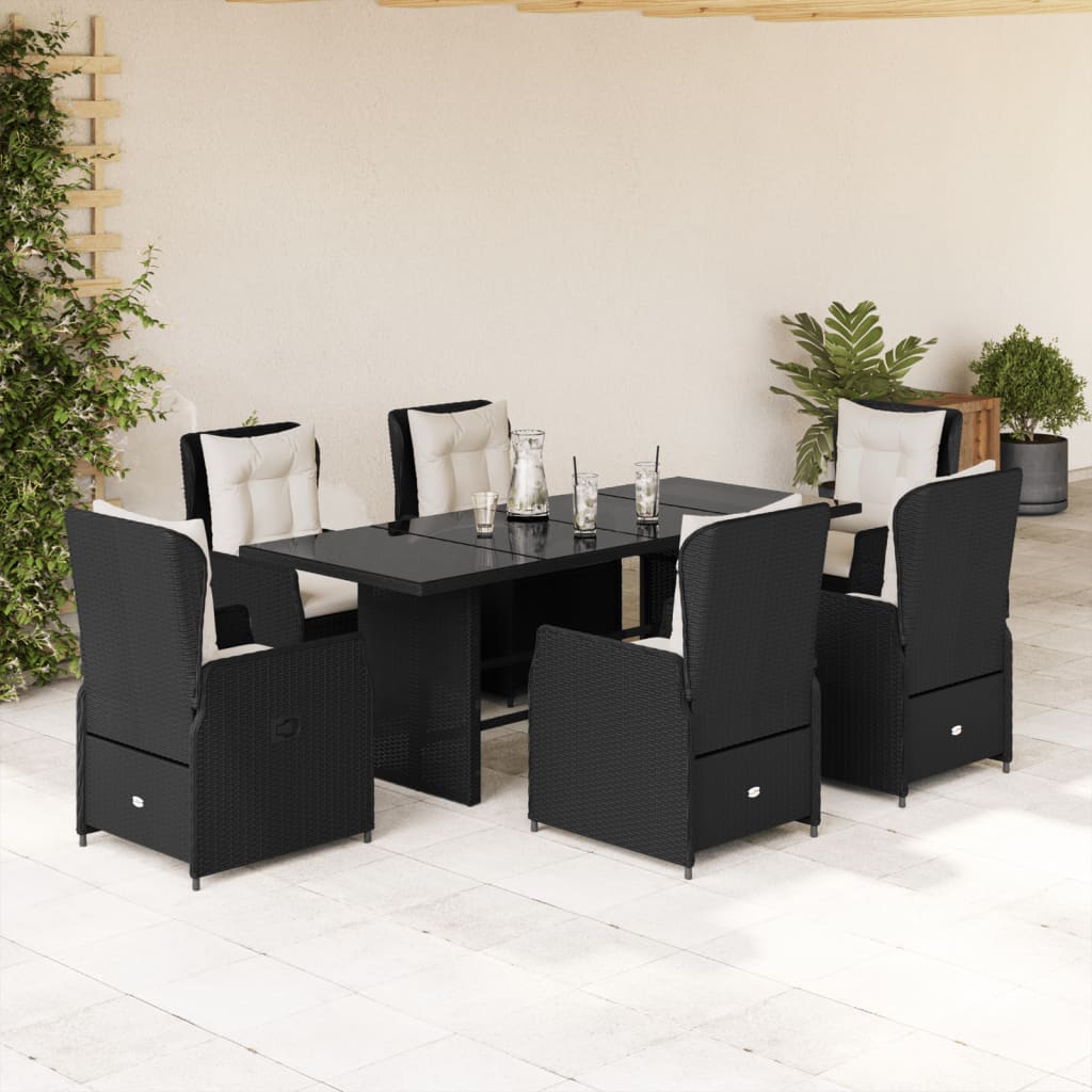 Vetonek Set de comedor de jardín 7 pzas y cojines ratán sintético negro