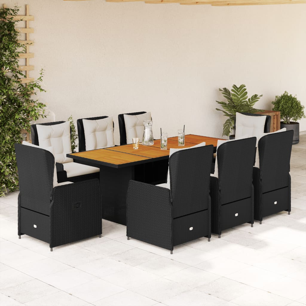 Vetonek Set de comedor de jardín 9 pzas y cojines ratán sintético negro