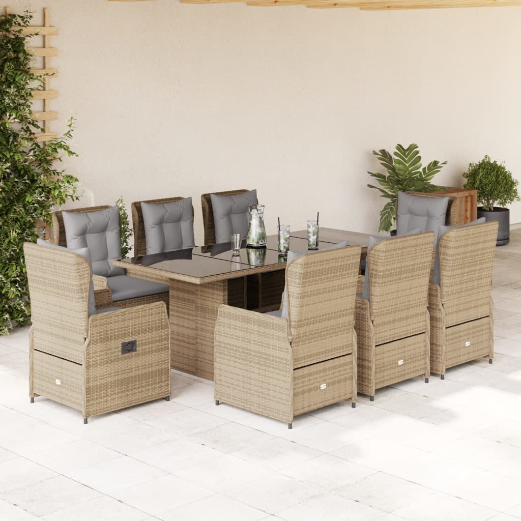 Vetonek Set comedor de jardín 9 pzas con cojines ratán sintético beige