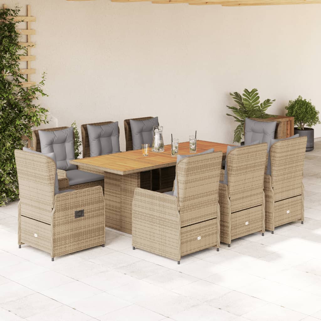 Vetonek Set comedor de jardín 9 pzas con cojines ratán sintético beige