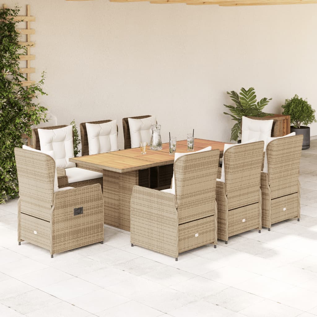 Vetonek Set comedor de jardín 9 pzas con cojines ratán sintético beige