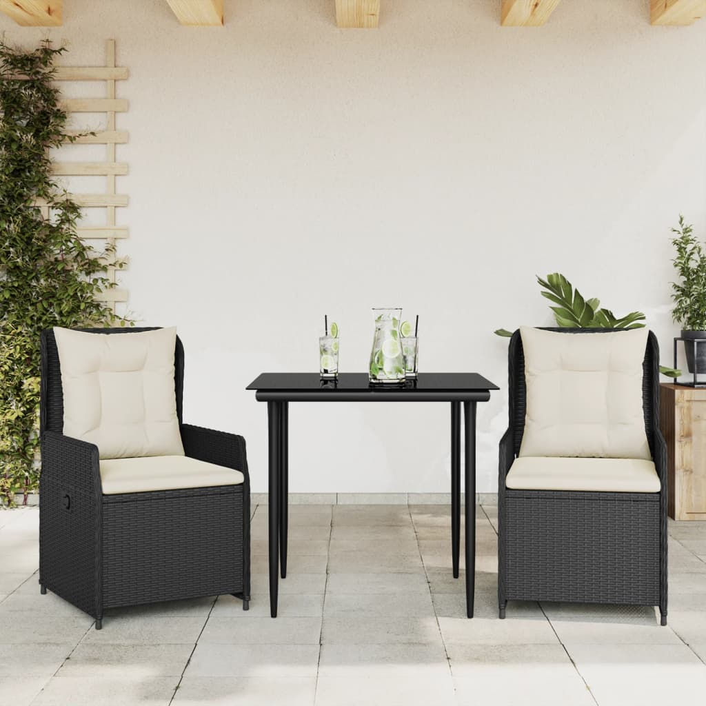 Vetonek Set comedor de jardín 3 pzas con cojines ratán sintético negro