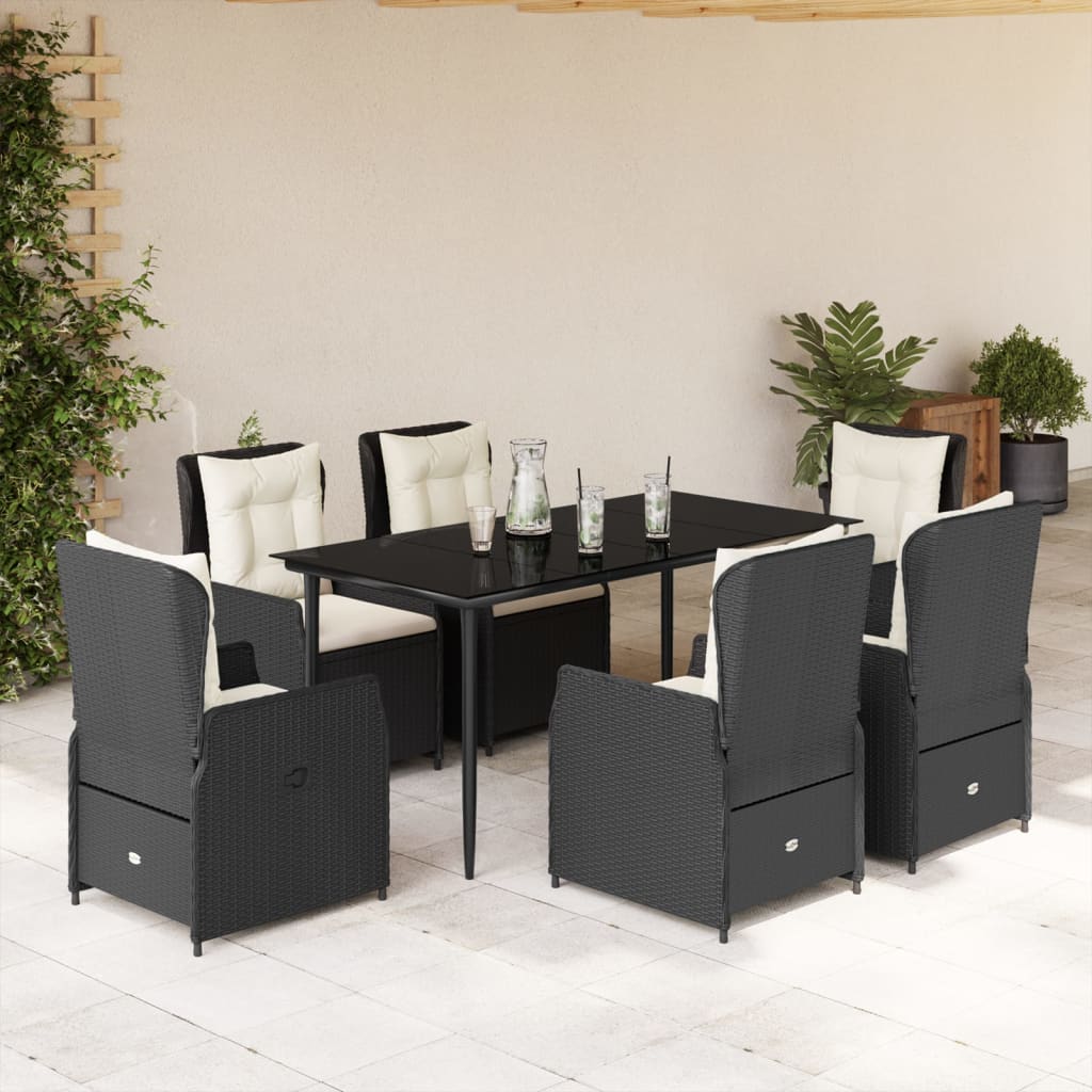 Vetonek Set de comedor de jardín 7 pzas y cojines ratán sintético negro