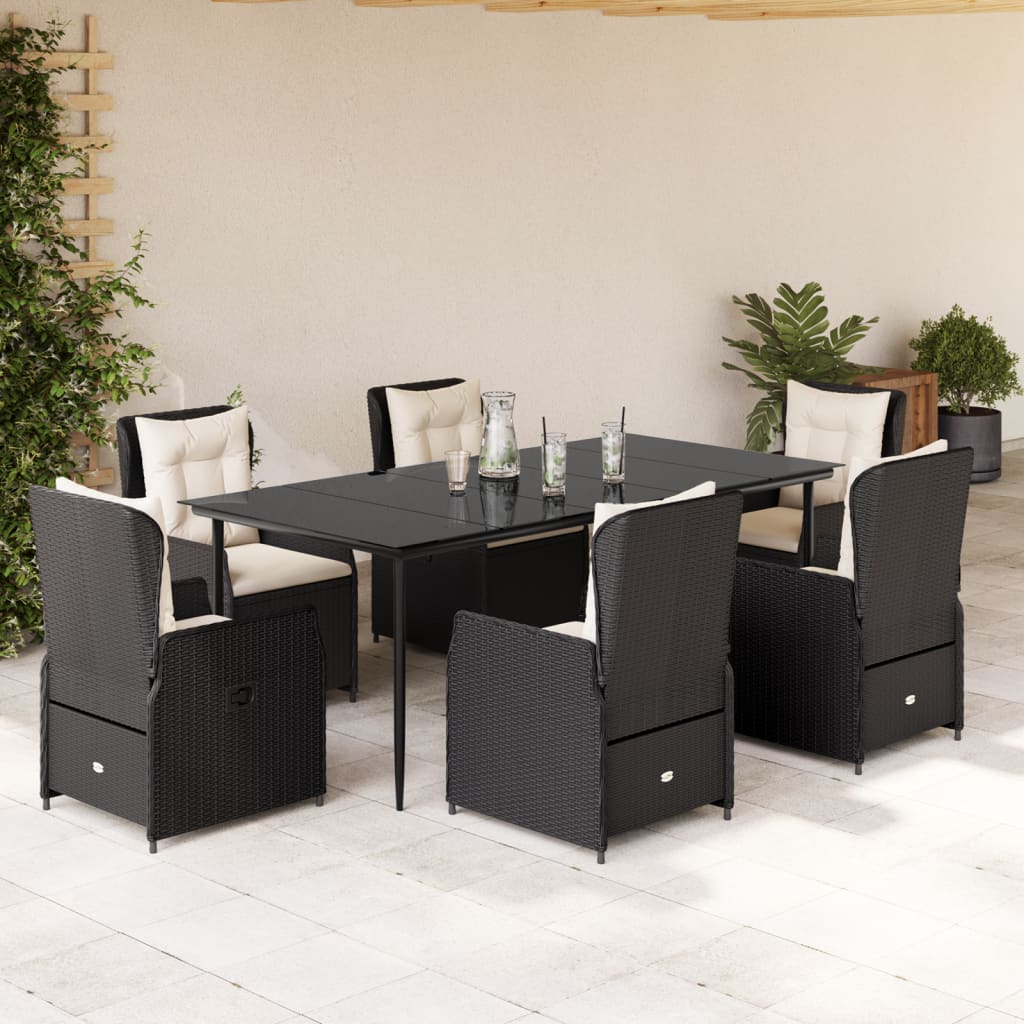 Vetonek Set de comedor de jardín 7 pzas y cojines ratán sintético negro