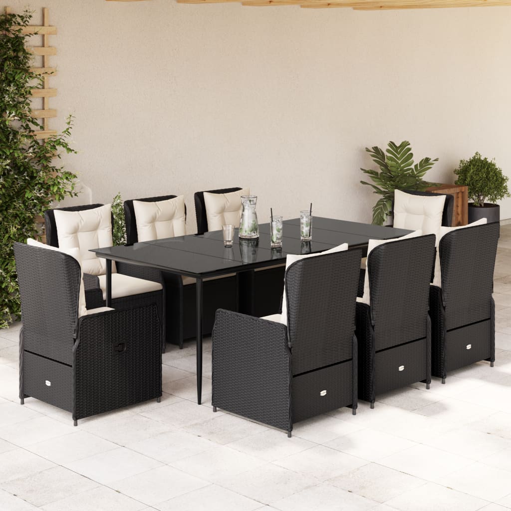 Vetonek Set de comedor de jardín 9 pzas y cojines ratán sintético negro