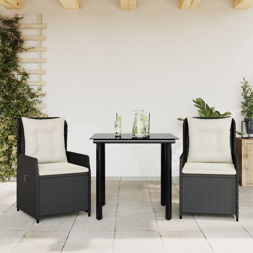 Vetonek Set comedor de jardín 3 pzas con cojines ratán sintético negro