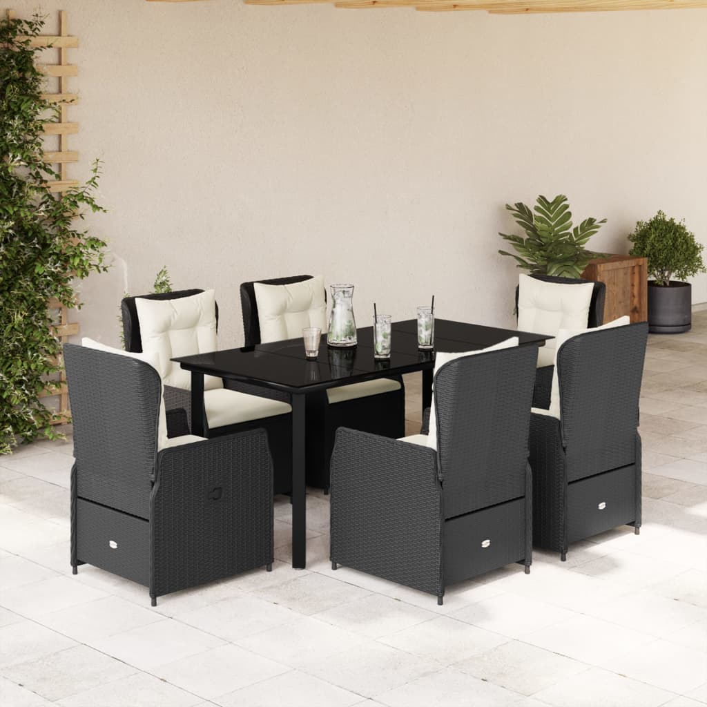 Vetonek Set de comedor de jardín 7 pzas y cojines ratán sintético negro