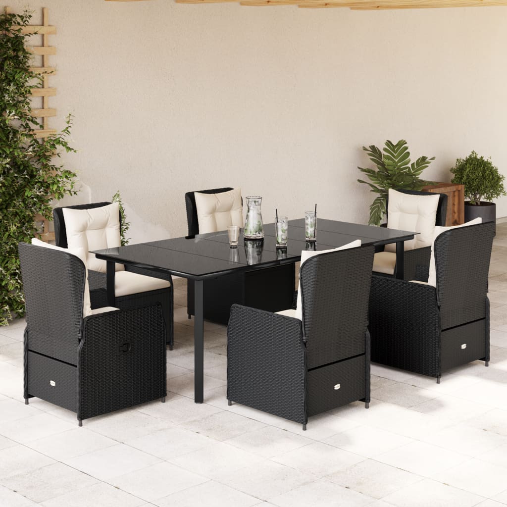 Vetonek Set de comedor de jardín 7 pzas y cojines ratán sintético negro