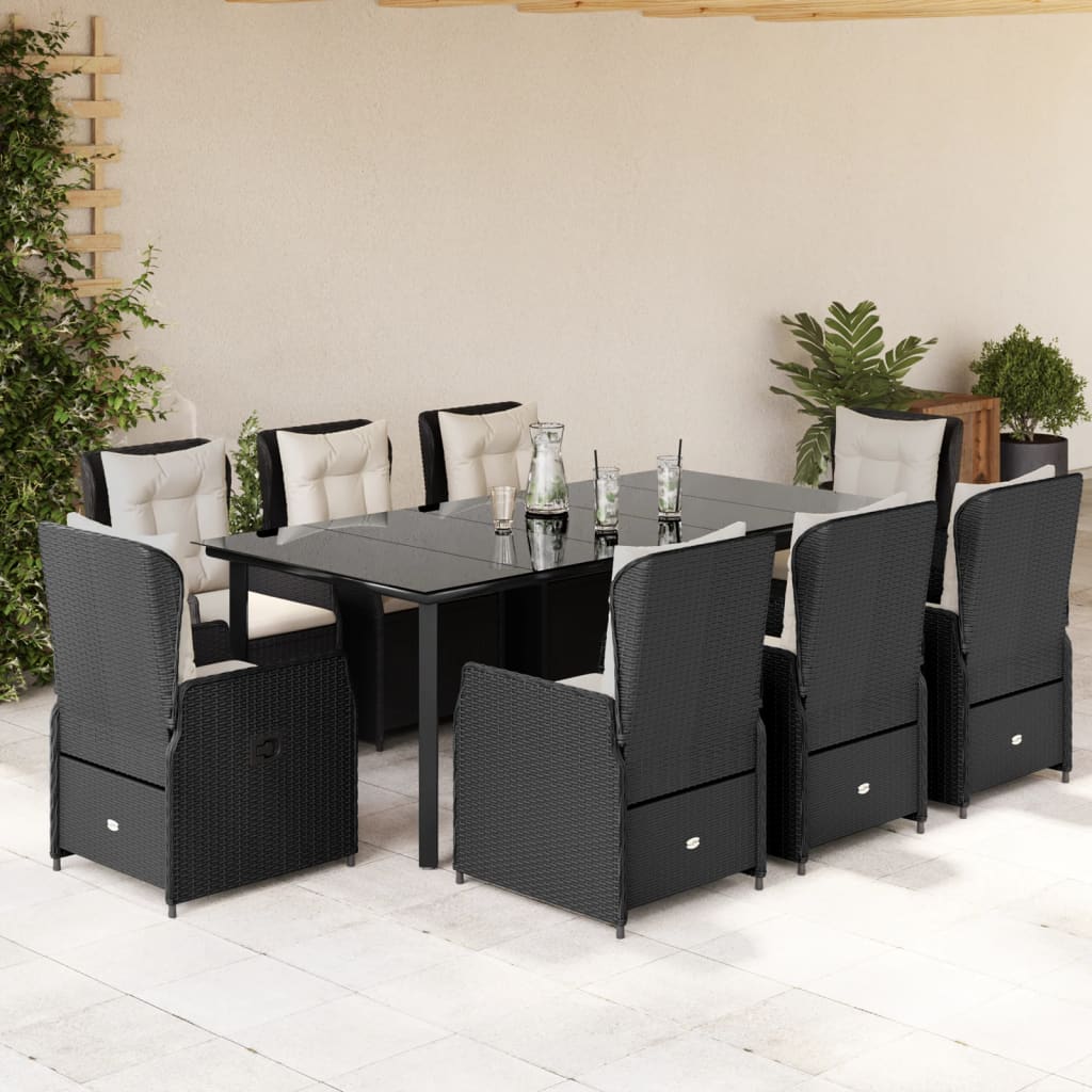 Vetonek Set de comedor de jardín 9 pzas y cojines ratán sintético negro