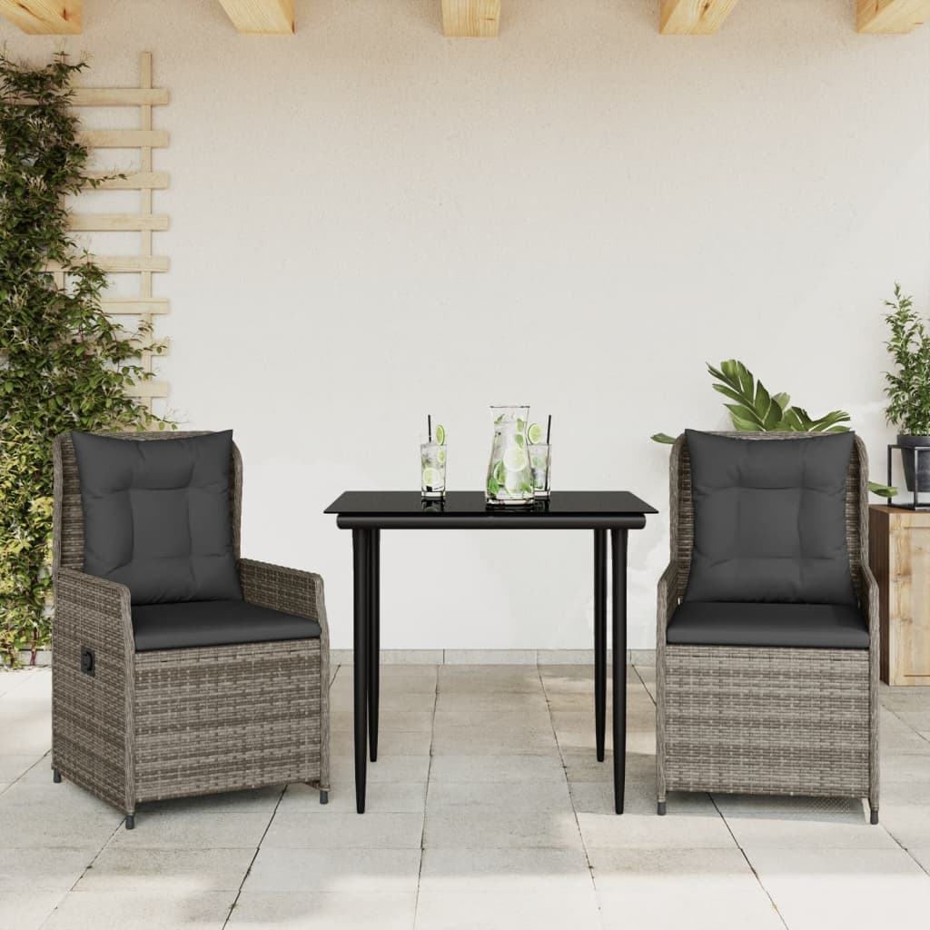 Vetonek Set comedor de jardín 3 piezas con cojines ratán sintético gris