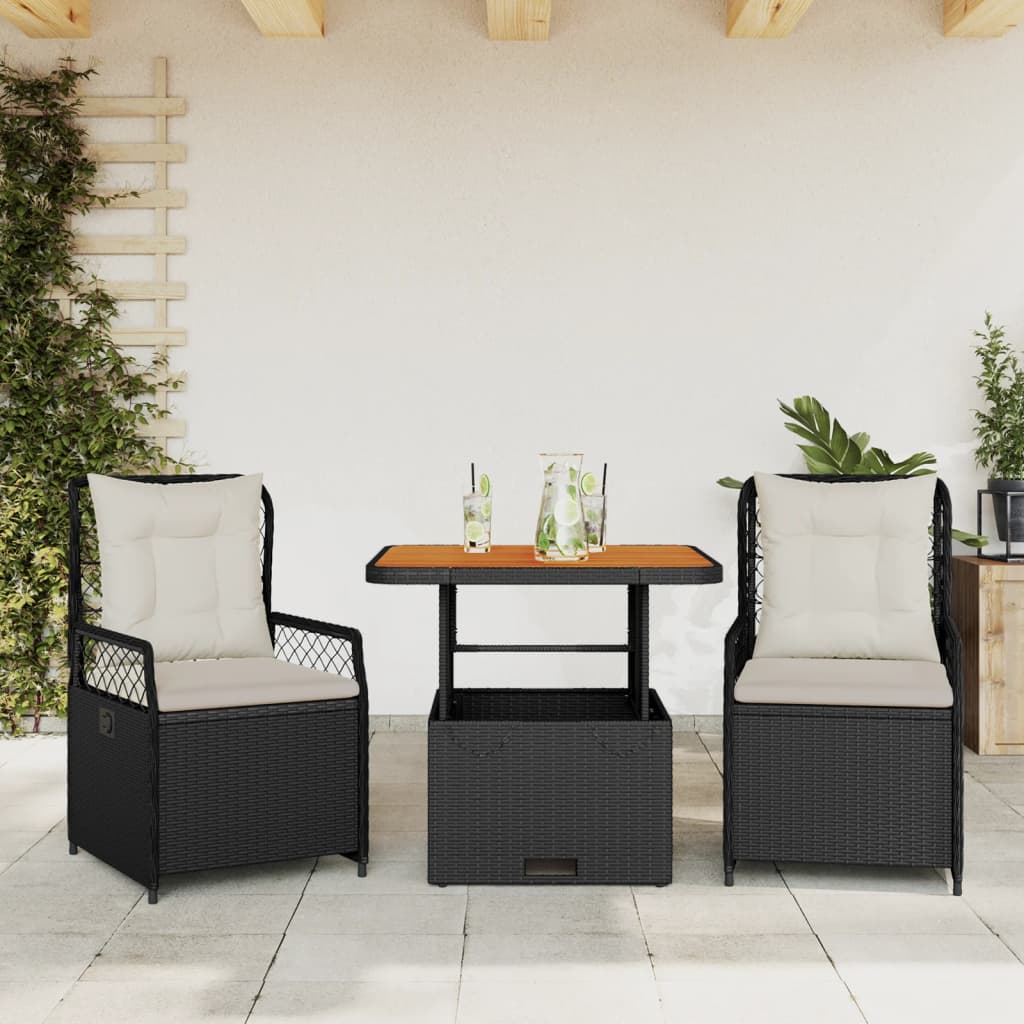 Vetonek Set comedor de jardín 3 pzas con cojines ratán sintético negro