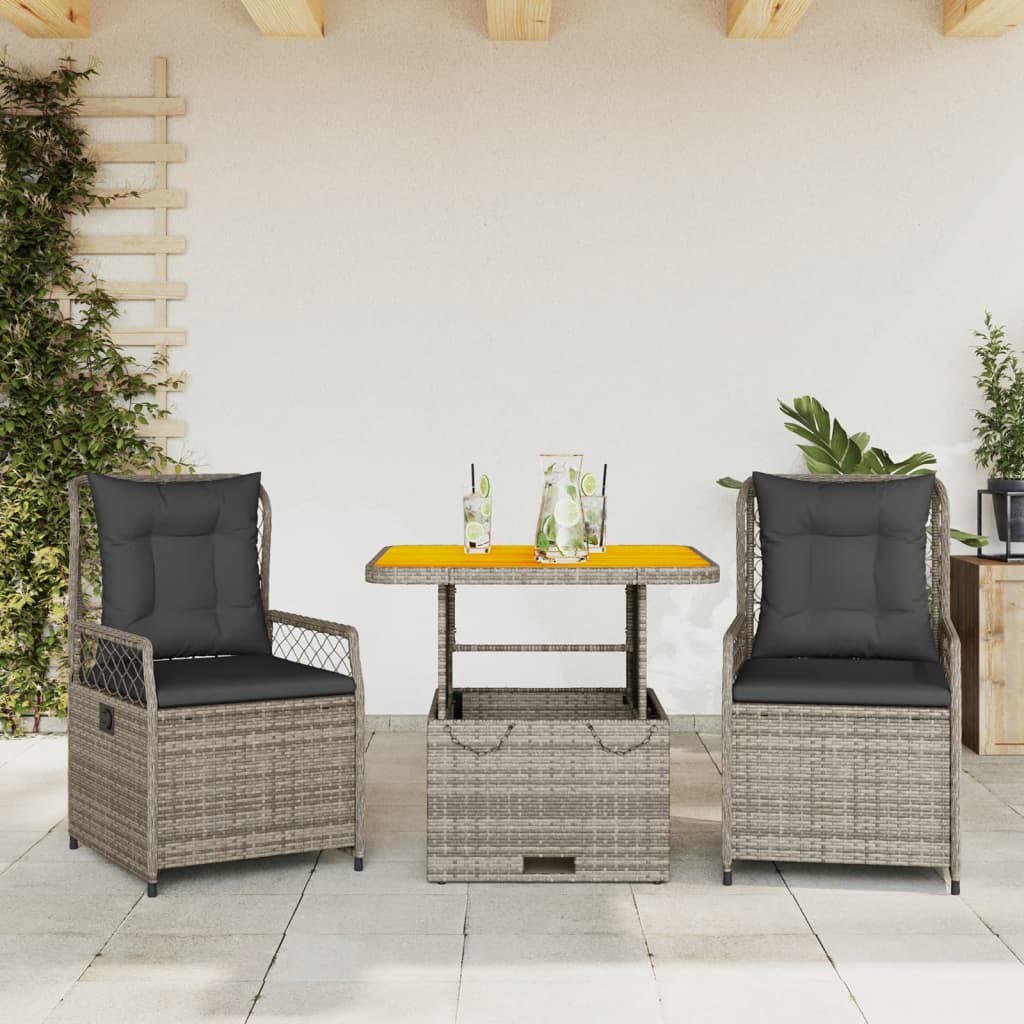 Vetonek Set comedor de jardín 3 piezas con cojines ratán sintético gris