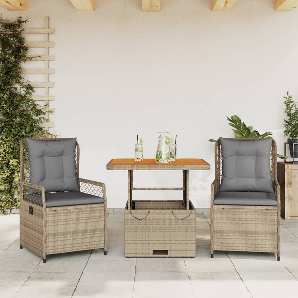 Vetonek Set comedor de jardín 3 pzas con cojines ratán sintético beige