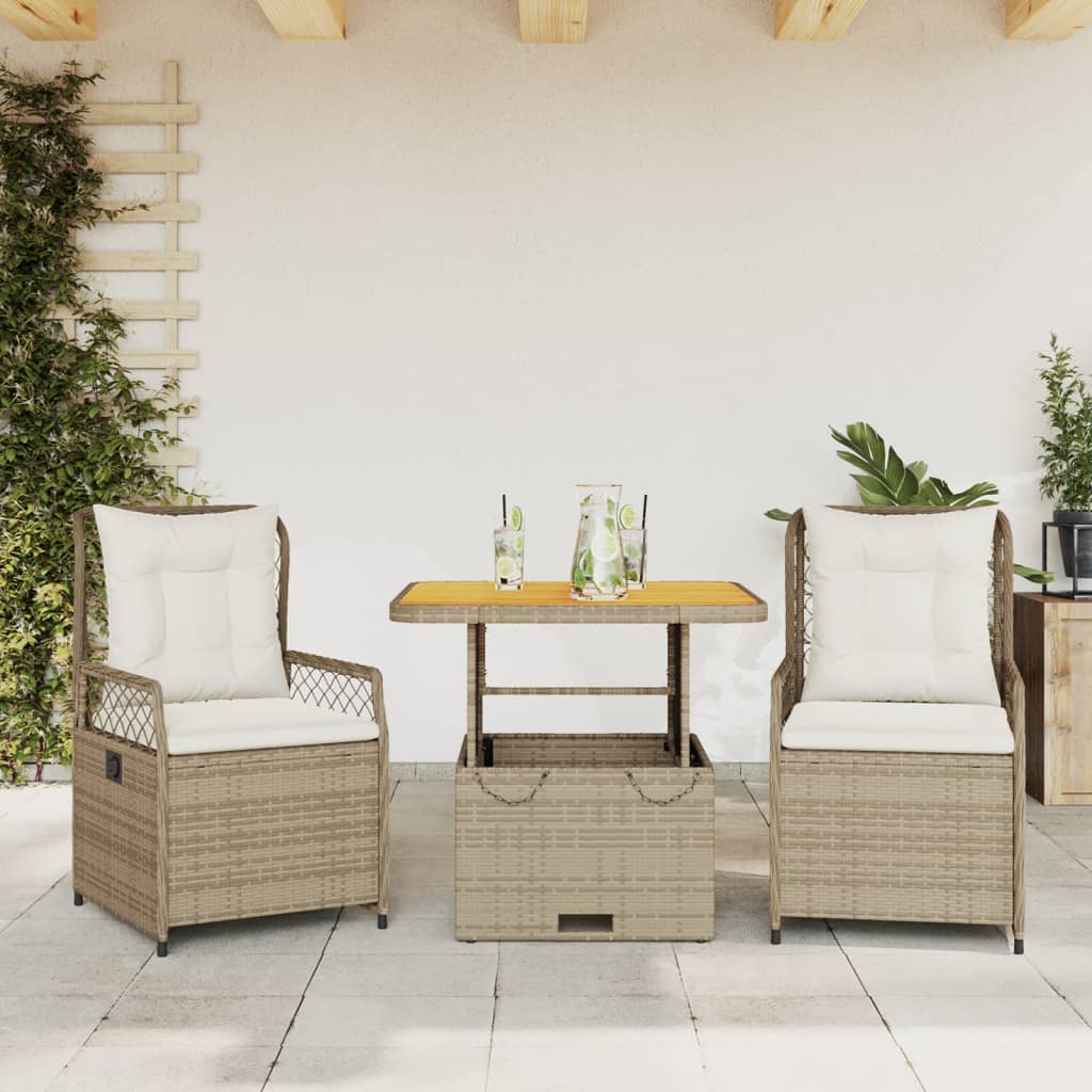 Vetonek Set comedor de jardín 3 pzas con cojines ratán sintético beige