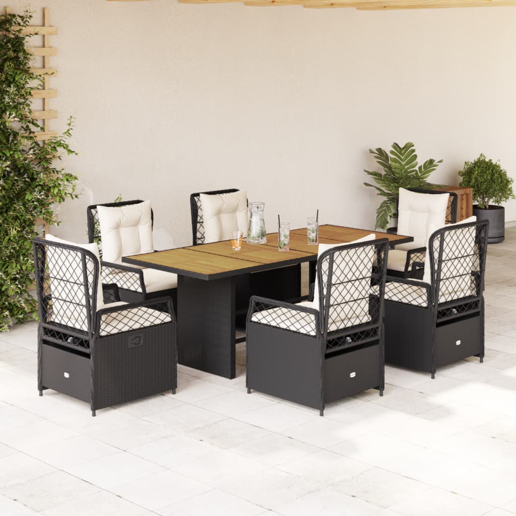 Vetonek Set de comedor de jardín 7 pzas y cojines ratán sintético negro