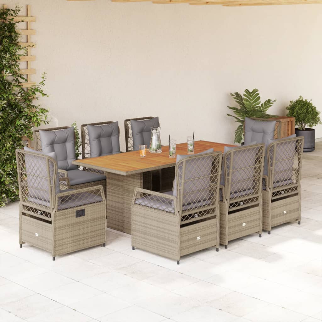 Vetonek Set comedor de jardín 9 pzas con cojines ratán sintético beige