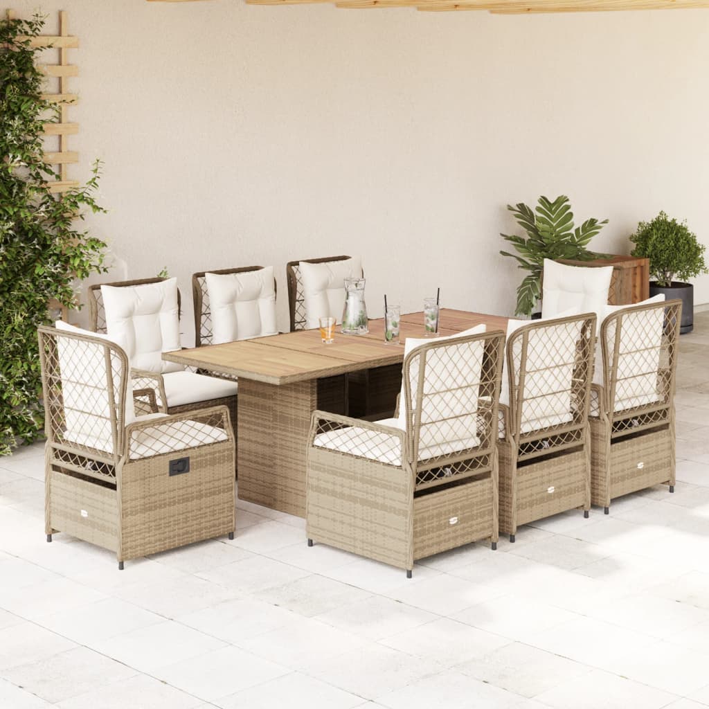 Vetonek Set comedor de jardín 9 pzas con cojines ratán sintético beige