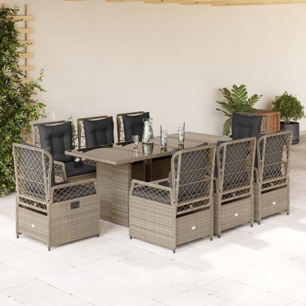 Vetonek Set comedor de jardín 9 pzas cojines ratán sintético gris claro